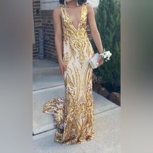 Alamour The Label Gold and Cream Prom Dress